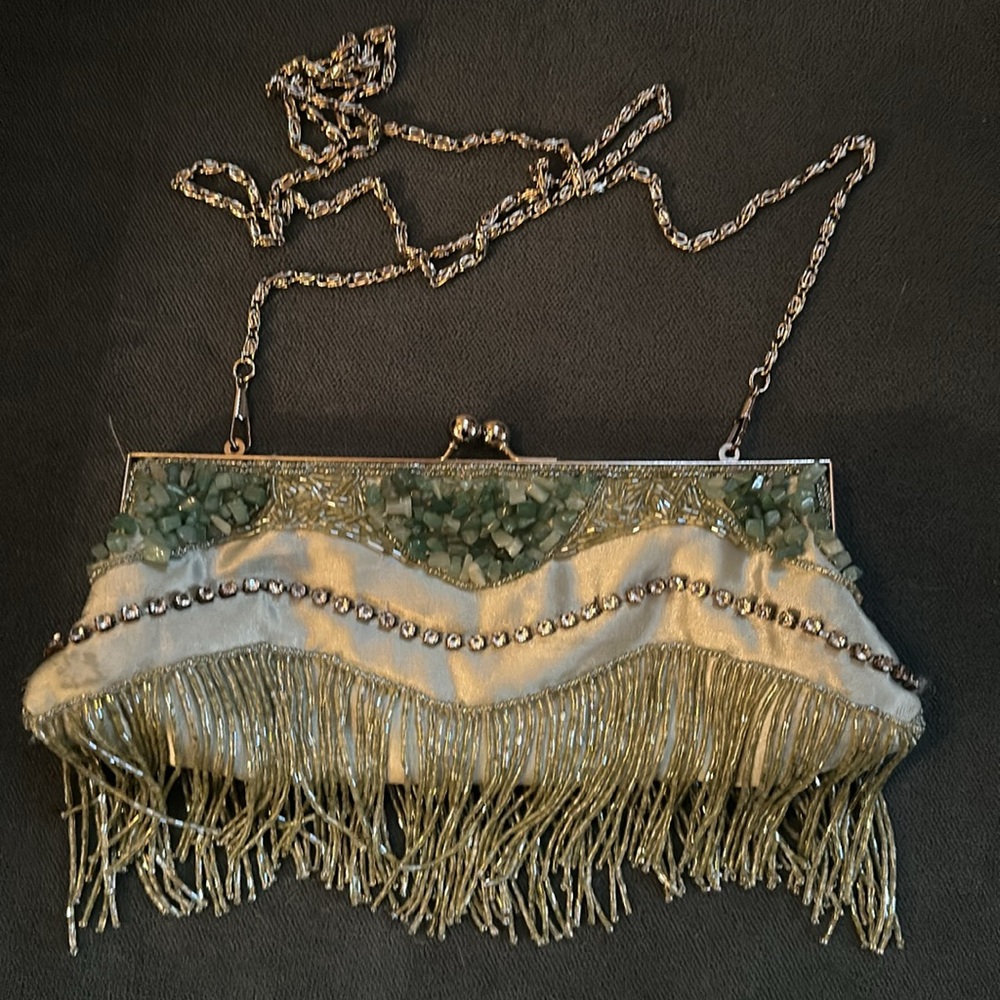 Vintage Beaded Green Satin Purse with Jade Beads